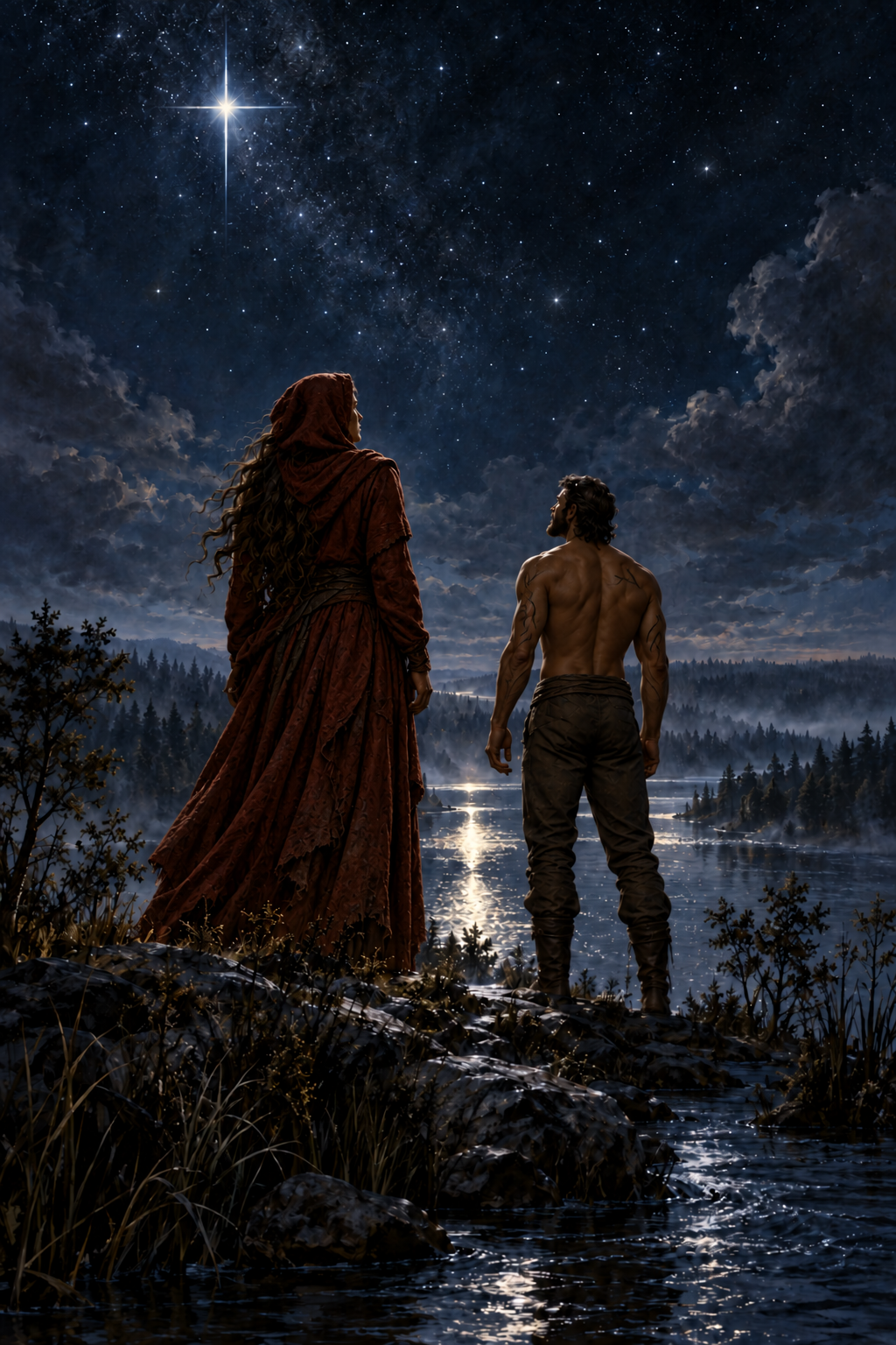 Two siblings stand above a river beneath a bright northern star, looking out across a forested world.
